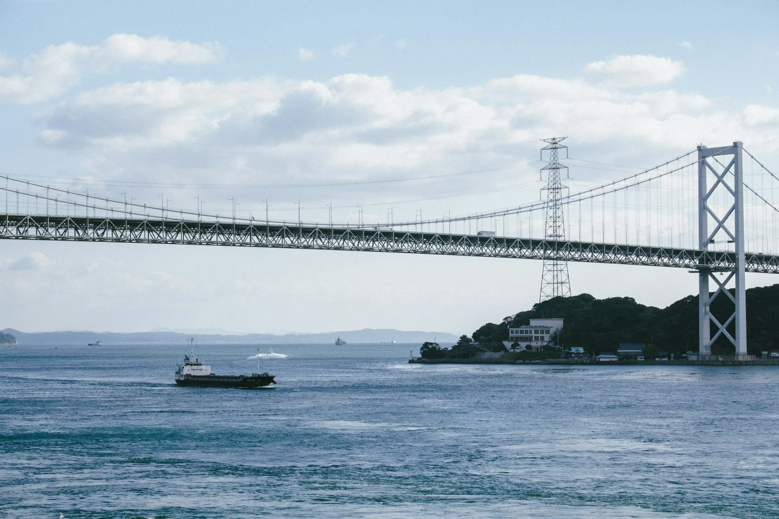 北九州關門海峽上的關門橋和往來船隻