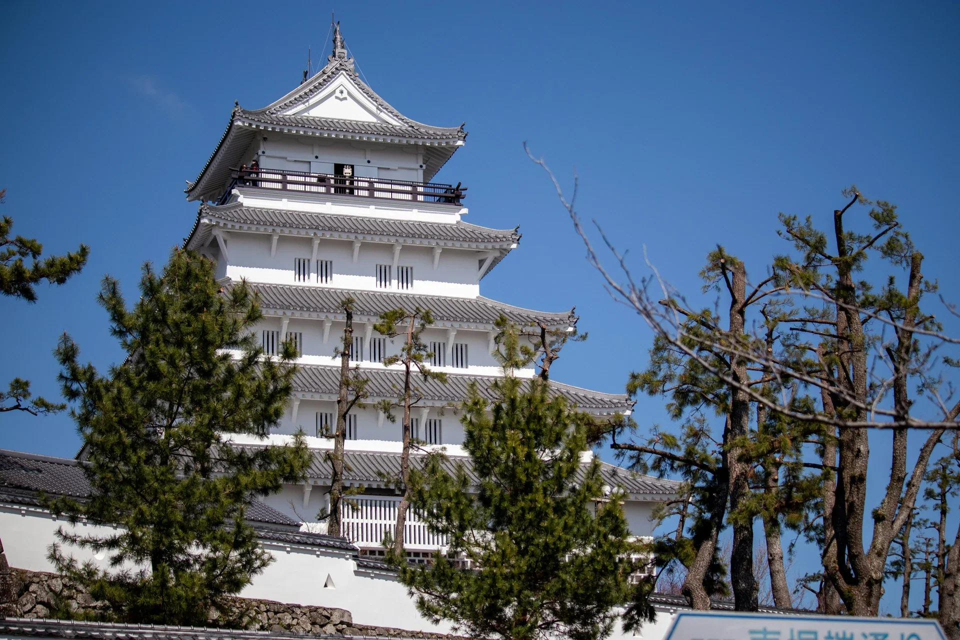 松樹前的島原城白色天守與石牆，藍天下看得見城郭屋頂