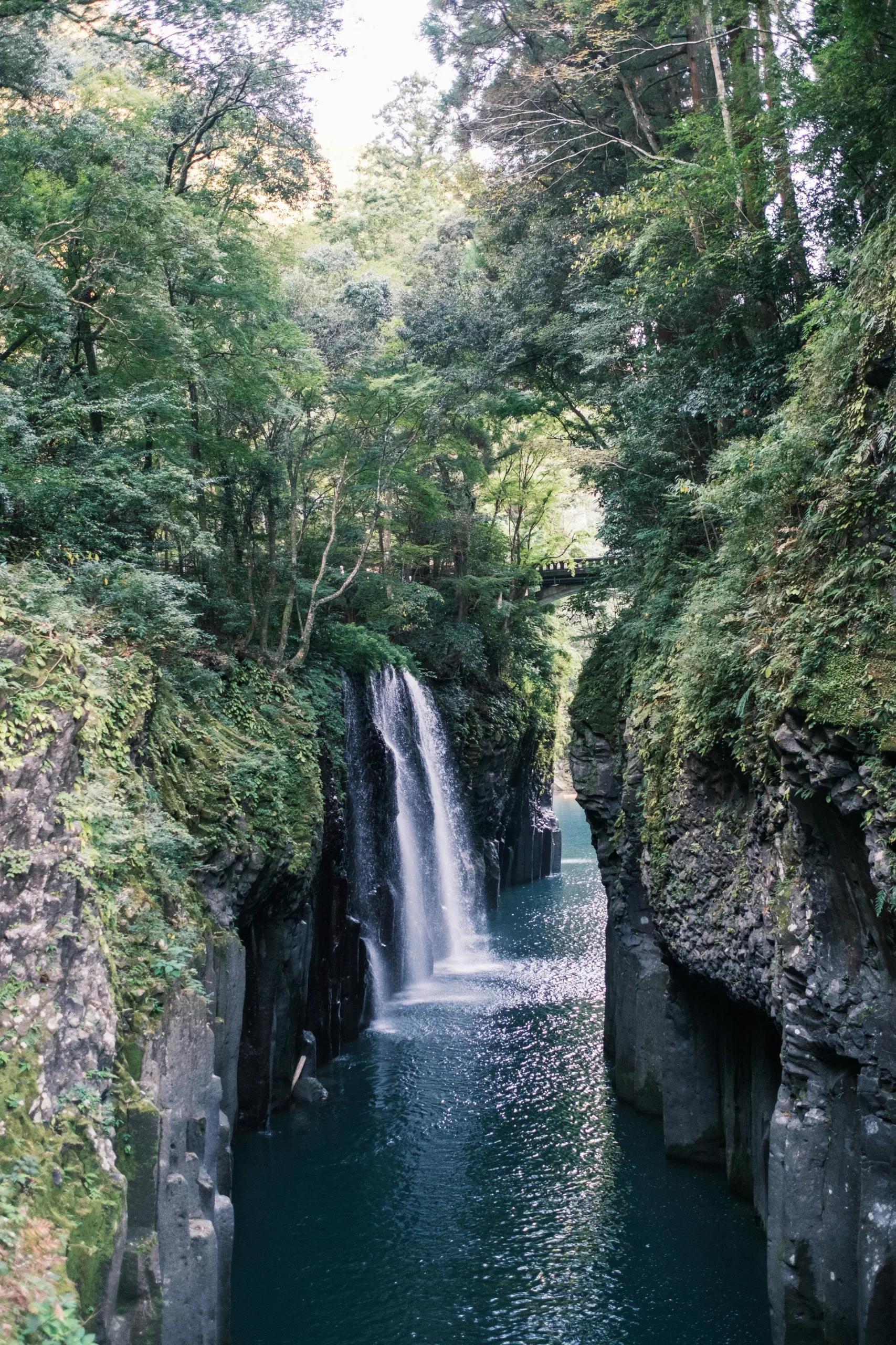 高千穗峽溪谷間的瀑布落入河道，兩側是覆有樹木的陡峭岩壁