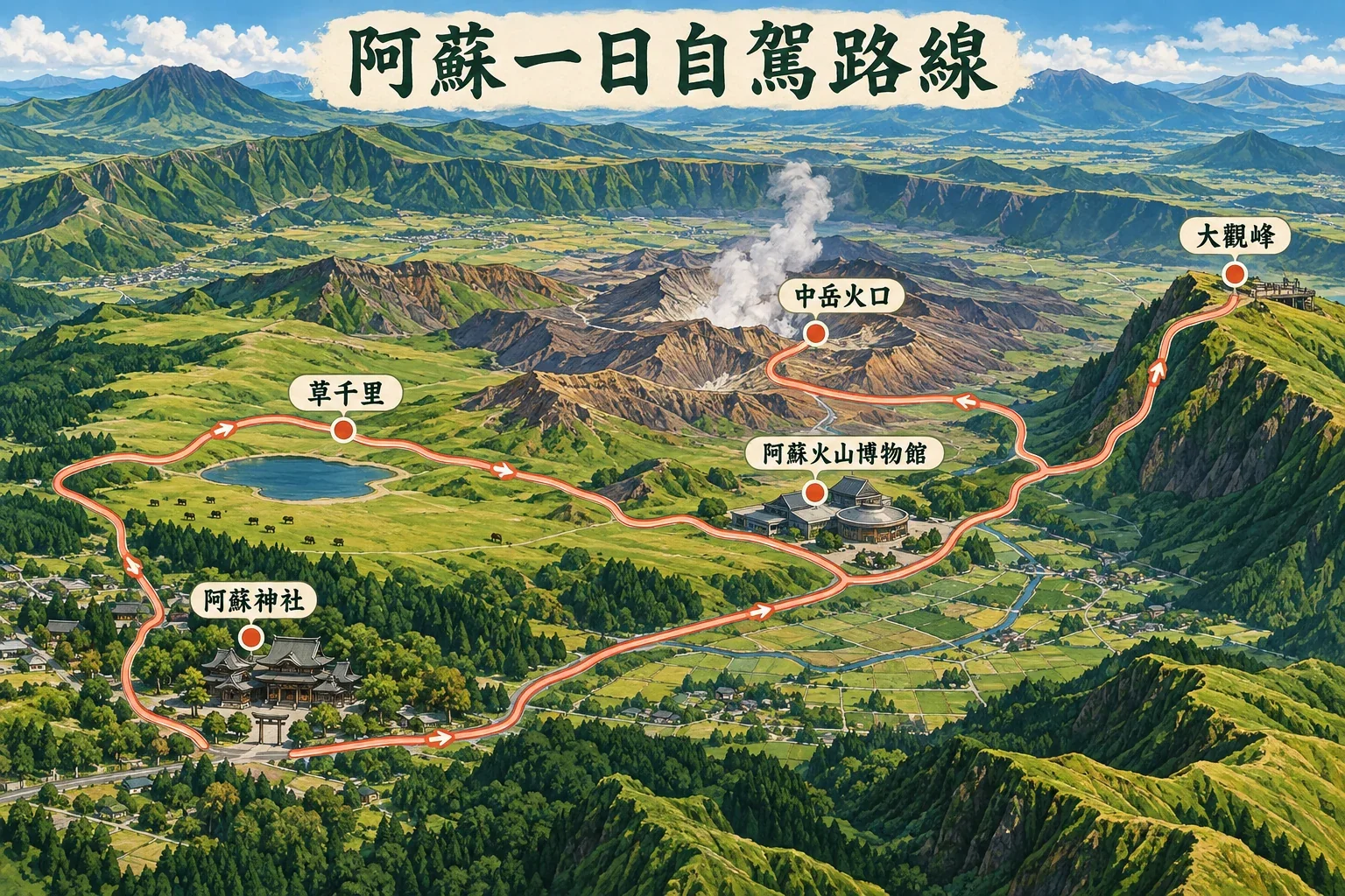 阿蘇一日自駕路線示意圖：阿蘇神社、草千里、火山博物館、中岳周邊與大觀峰的區域關係