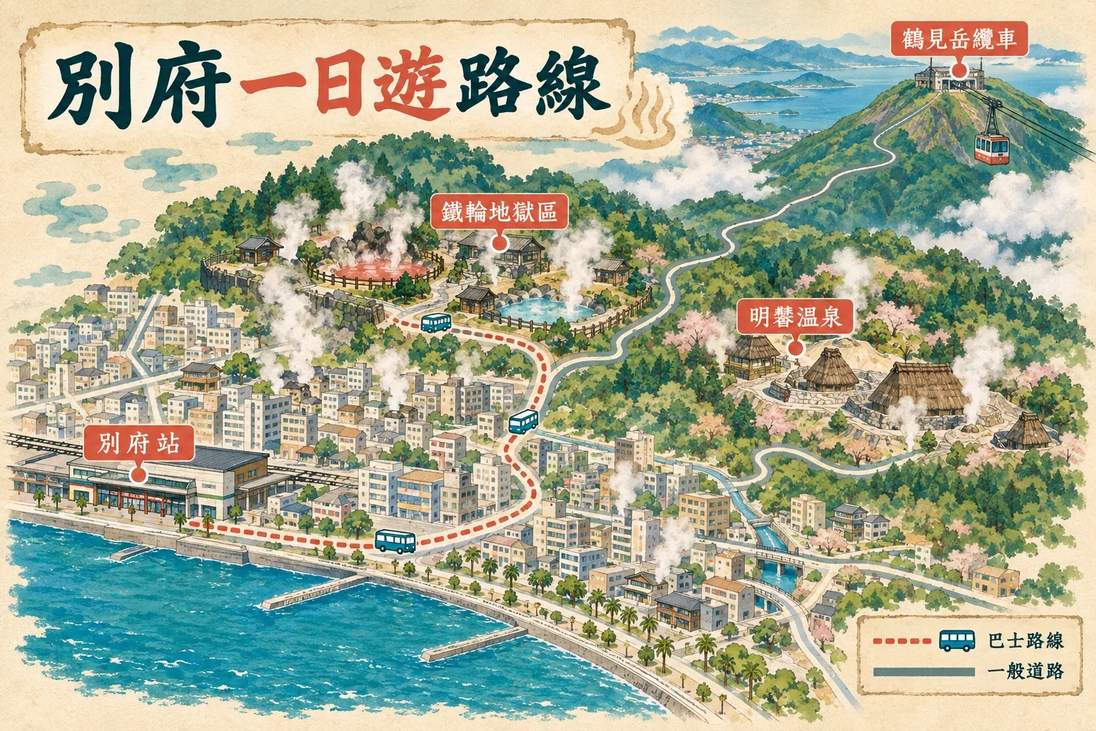 別府一日遊地圖：別府站、鐵輪地獄區，以及由市區延伸至鶴見岳的交通方向
