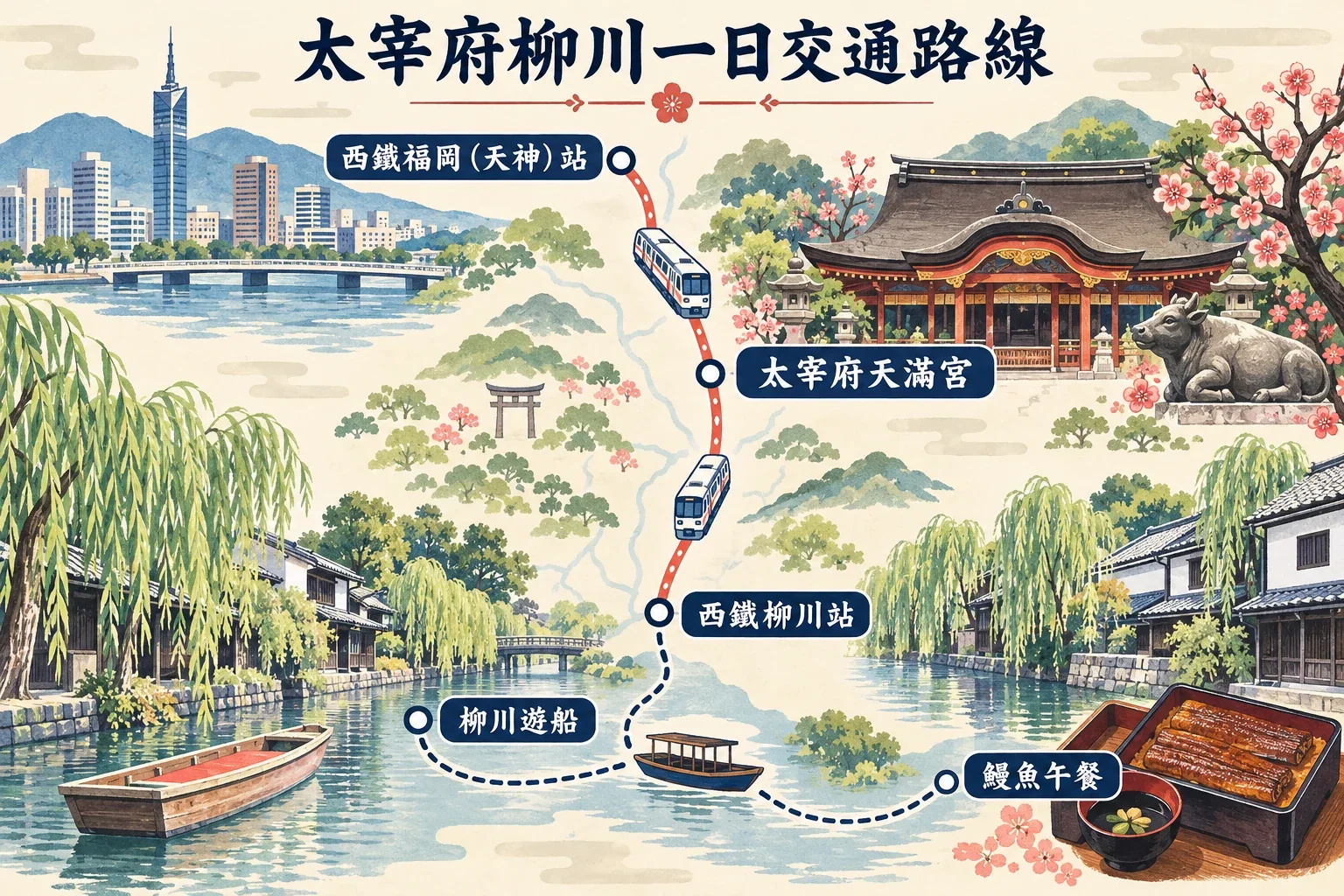 太宰府與柳川一日遊交通示意圖：天神出發，先參拜太宰府，再乘車往柳川搭船和吃鰻魚