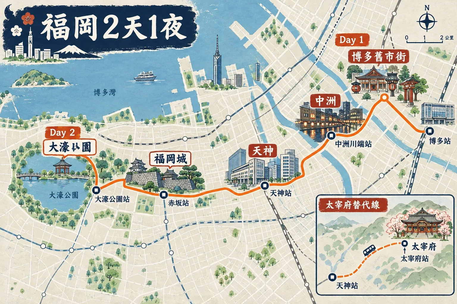 福岡兩天一夜路線圖:第一天博多舊市街與中洲,第二天大濠、福岡城和天神並附太宰府替代線