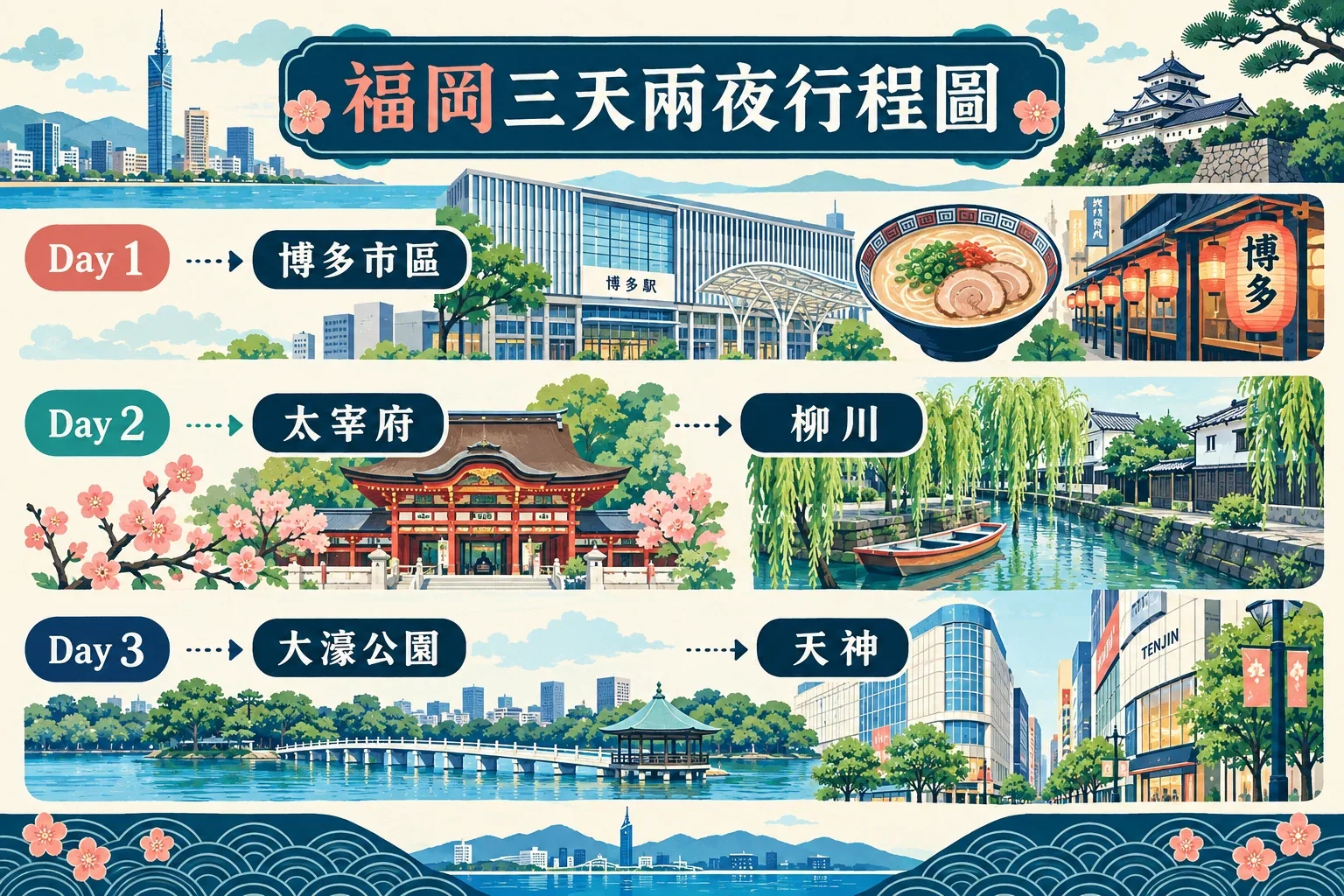 福岡三天兩夜路線圖：博多舊市街、太宰府、柳川、大濠公園與天神