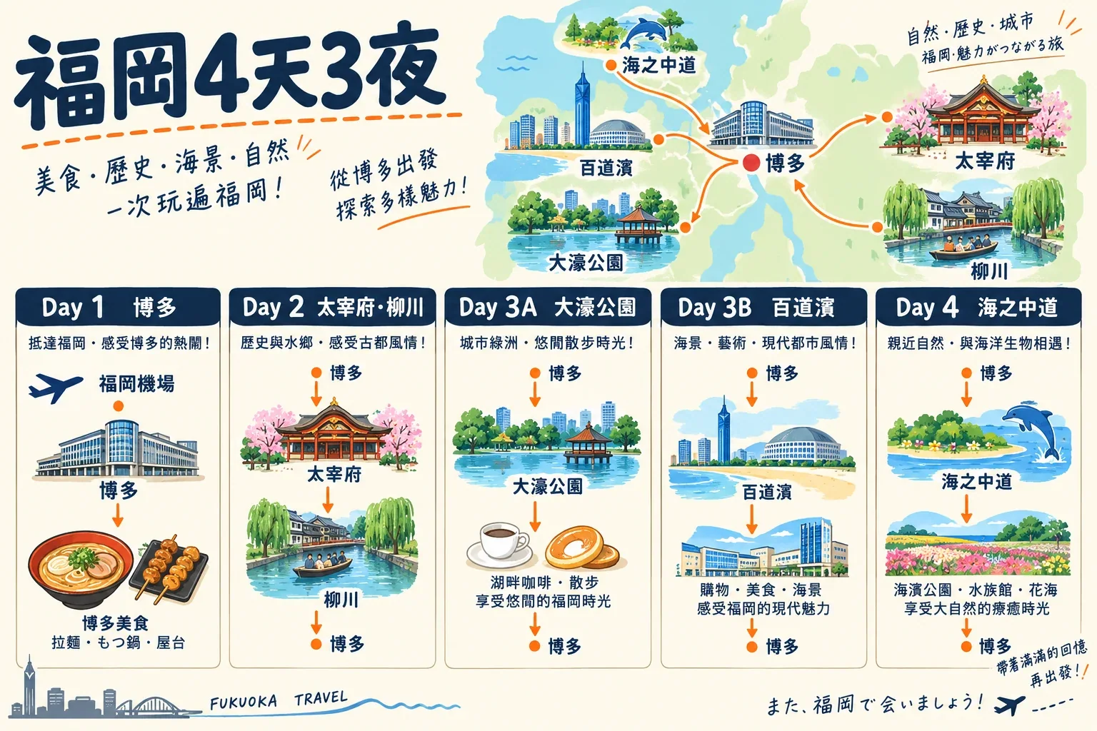 福岡四天三夜路線圖：博多、太宰府柳川、大濠百道或海之中道兩種第三日選擇