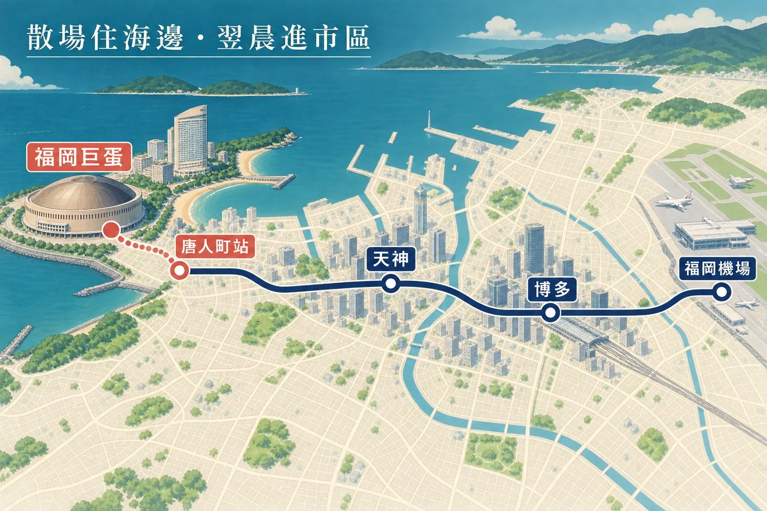 福岡巨蛋演唱會住宿動線示意圖:海濱巨蛋、百道濱、地鐵站與天神博多交通節點