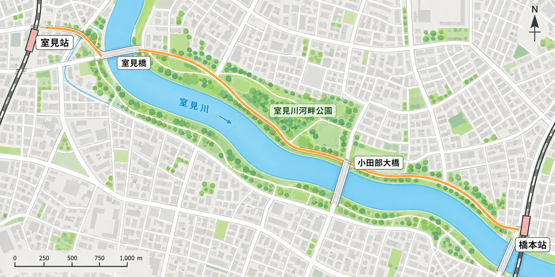 福岡室見川散步與單車路線示意圖：河岸步道、橋梁、河口與沿途公園