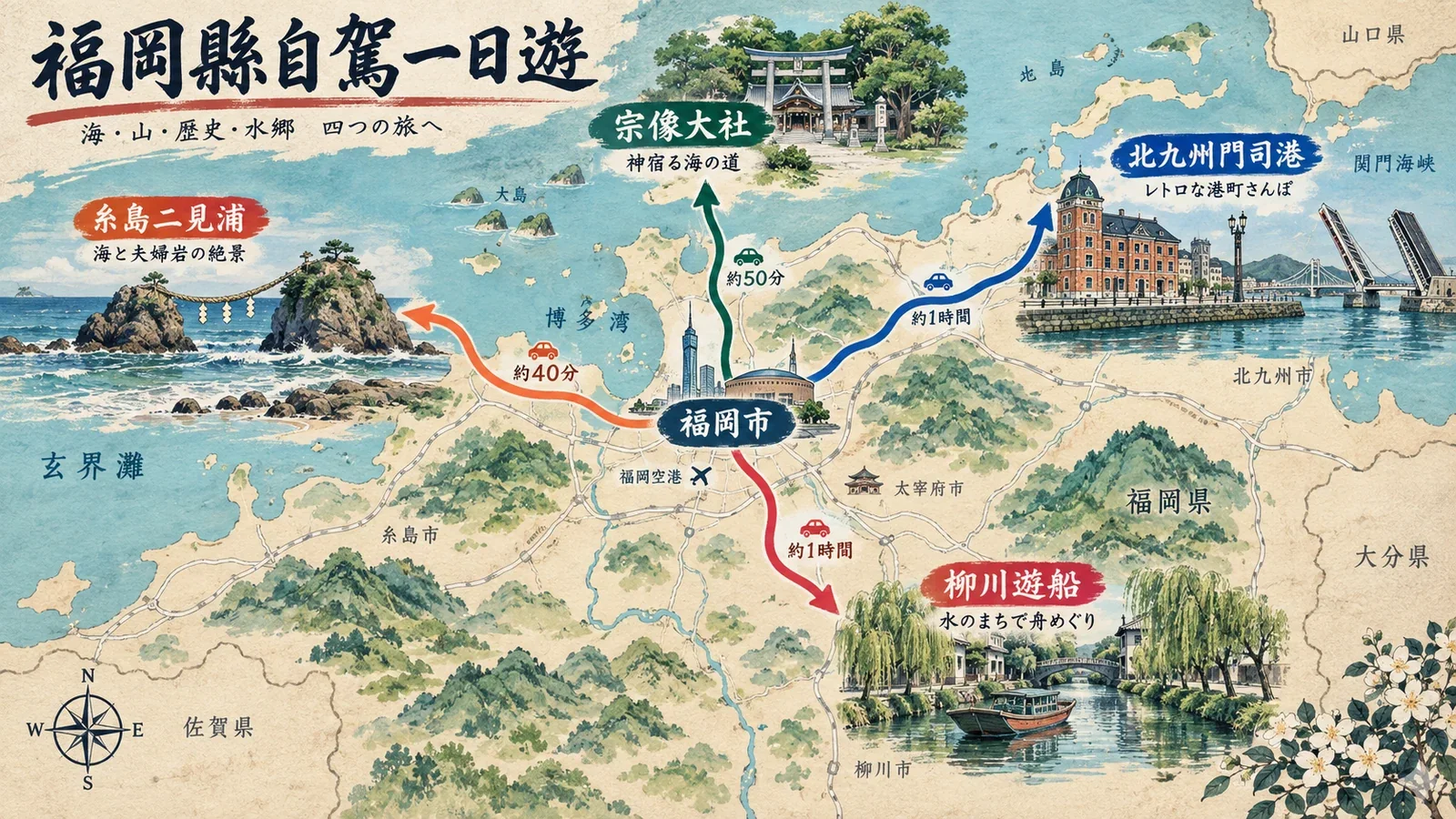 福岡縣自駕一日遊區域圖:以福岡市為基地,分開前往宗像、糸島、柳川與北九州的路線