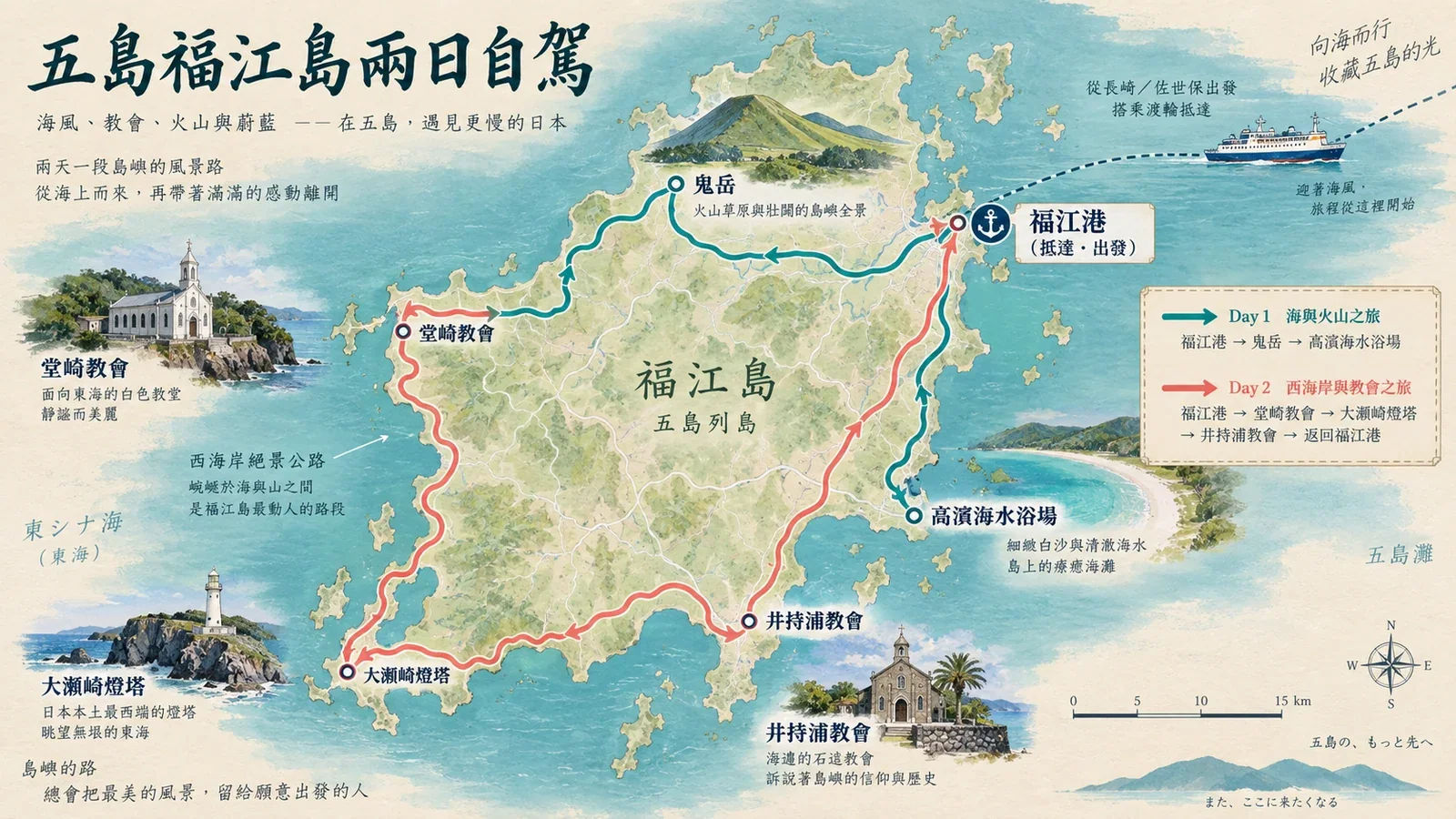 五島福江島自駕路線示意圖：堂崎教會、海岸沙灘、岬角與島內道路