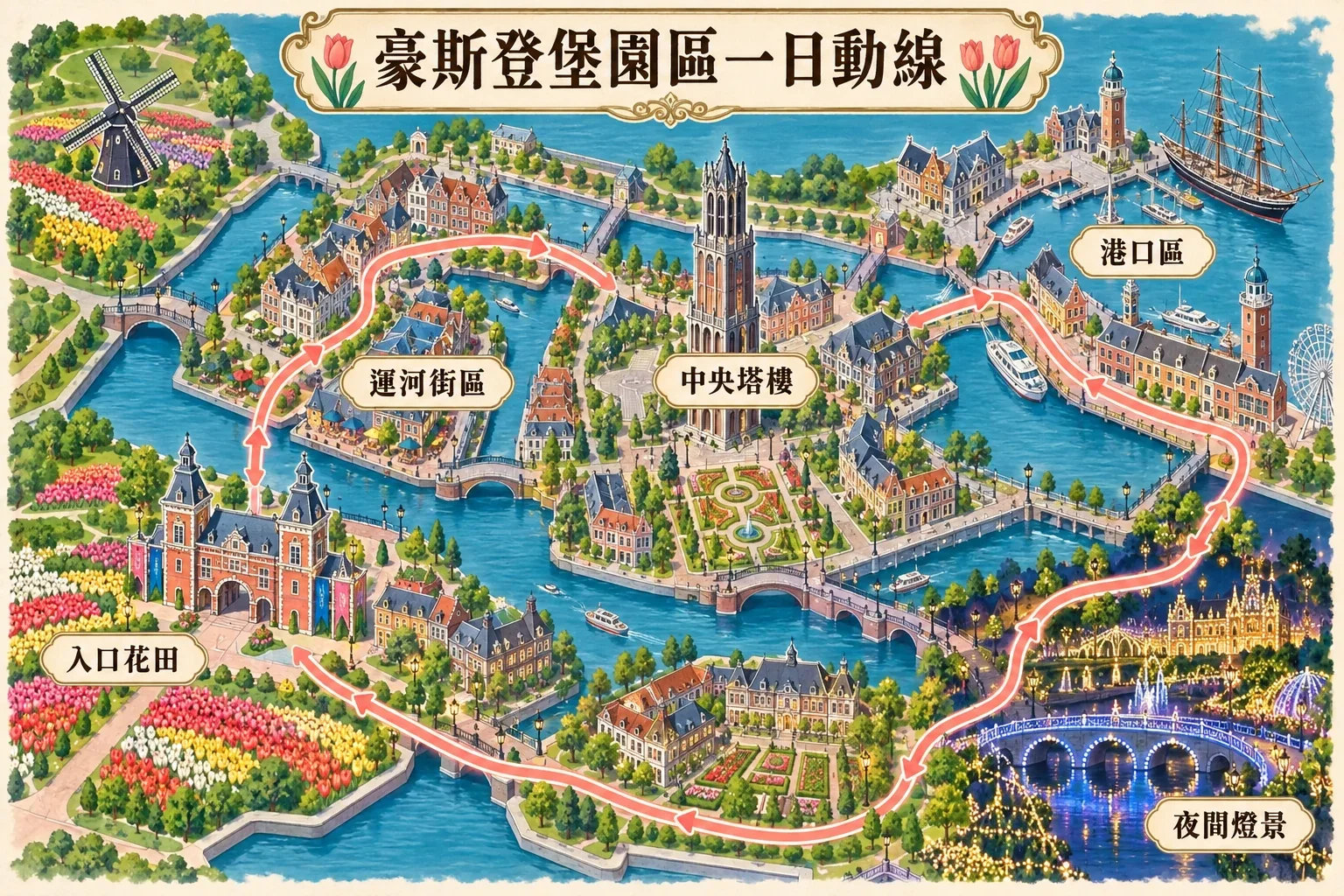 豪斯登堡一日園區路線:入口花田、運河街區、中央塔樓、港口區與夜景動線