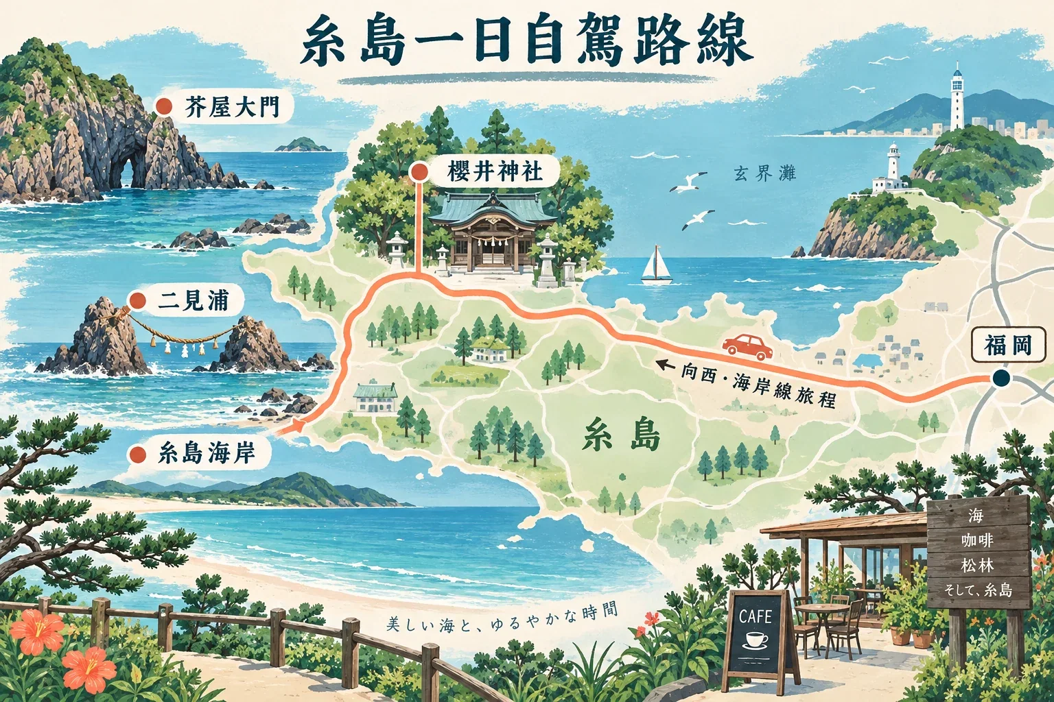 糸島海岸一日路線示意圖:二見浦、櫻井神社、芥屋方向與無車巴士走廊