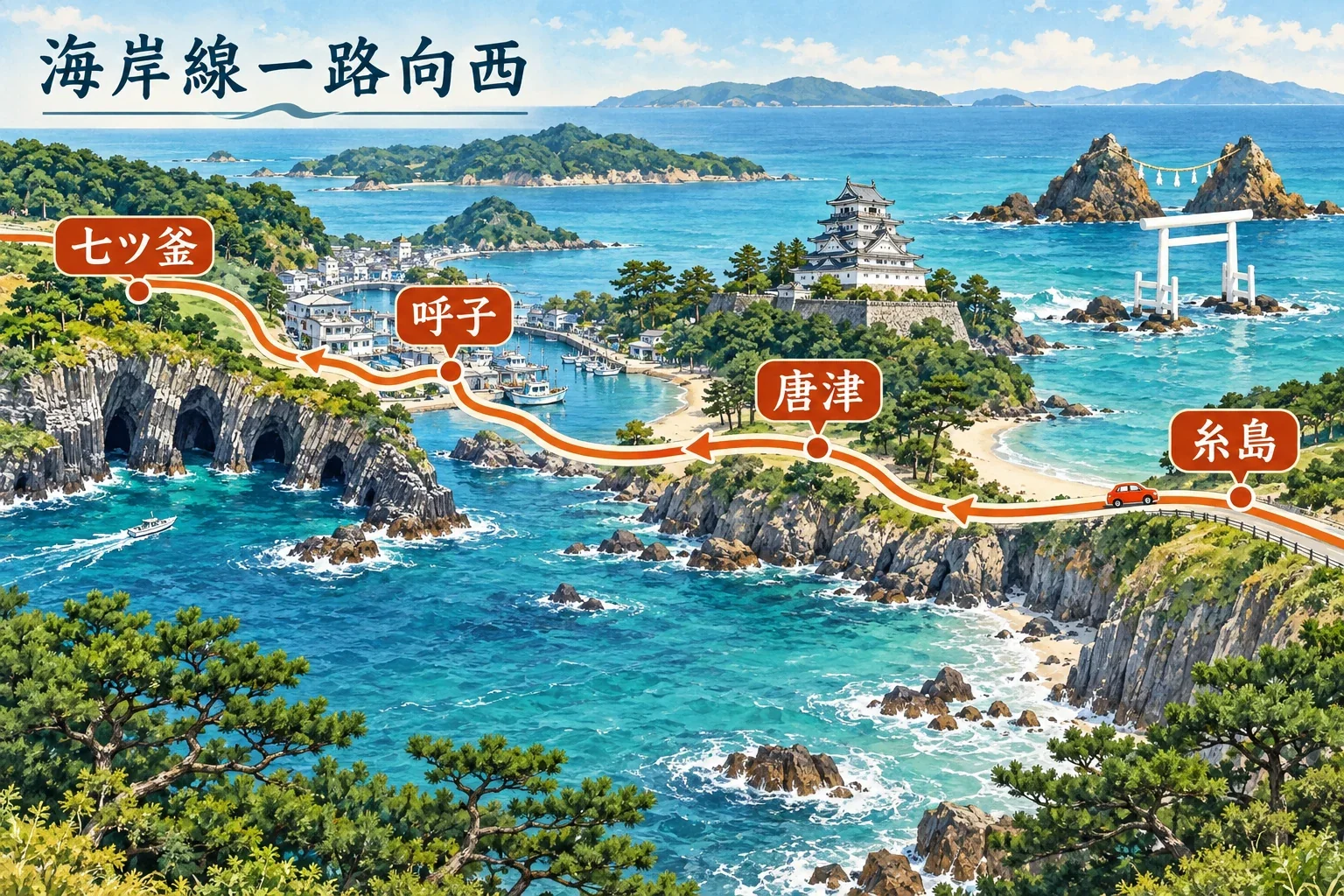 糸島、唐津與呼子自駕路線示意圖:海岸鳥居、唐津城、呼子漁港及七釜海蝕洞