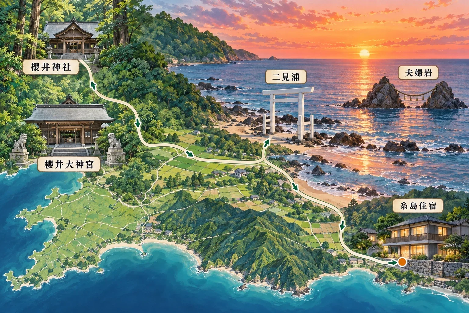 糸島櫻井神社夕陽住宿路線示意圖:海岸鳥居、夫婦岩與福岡西部傍晚海岸線