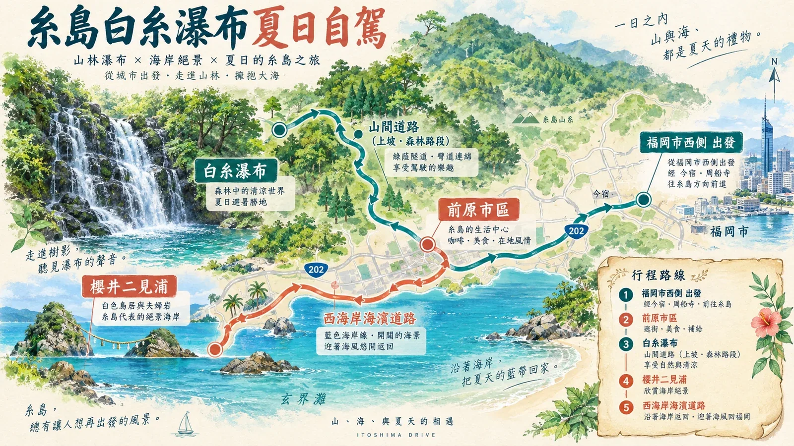 糸島白糸瀑布夏季自駕路線示意圖：山區瀑布、森林彎道與海岸回程支線