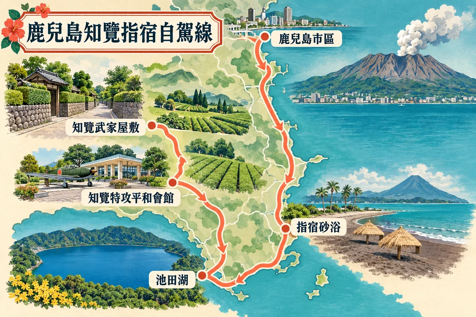鹿兒島知覽與指宿自駕路線圖：由市區向南到知覽，再沿海岸前往指宿住宿