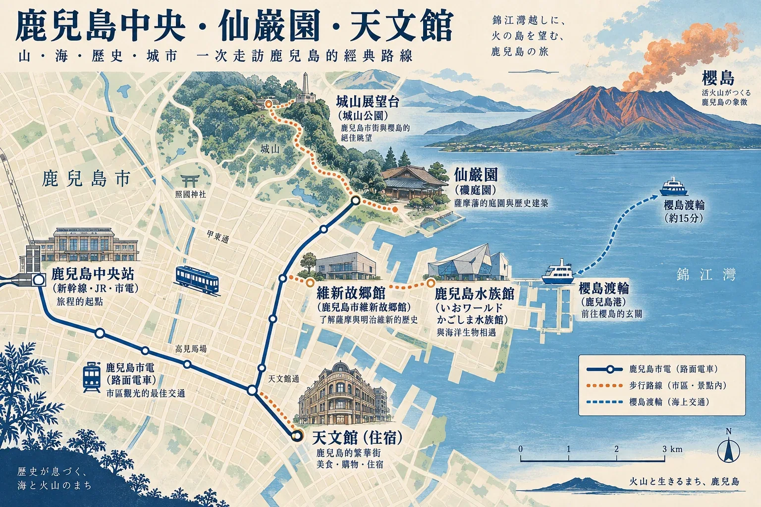 鹿兒島中央、仙巖園、城山與天文館自駕動線圖