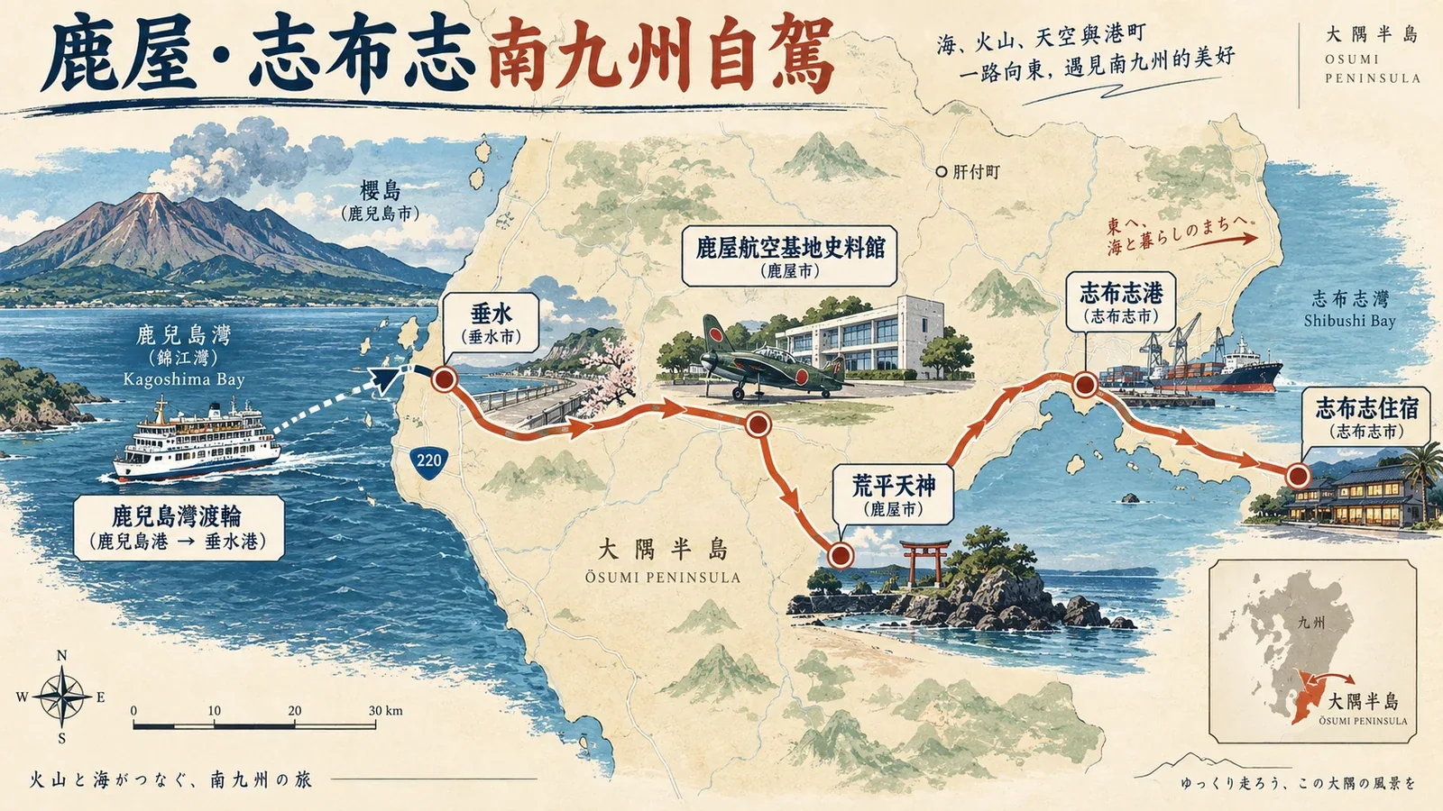 鹿屋至志布志自駕路線示意圖：大隅半島花園、海岸道路與志布志港灣方向