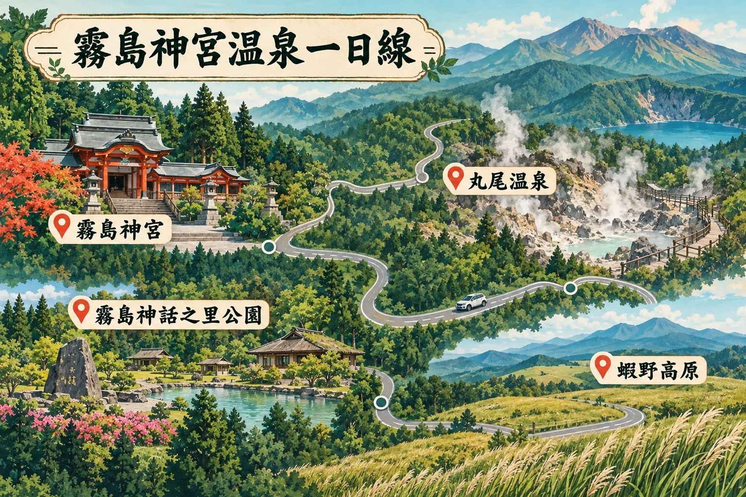 霧島神宮與溫泉一日遊區域圖：神宮、丸尾溫泉與蝦野高原的山路分布