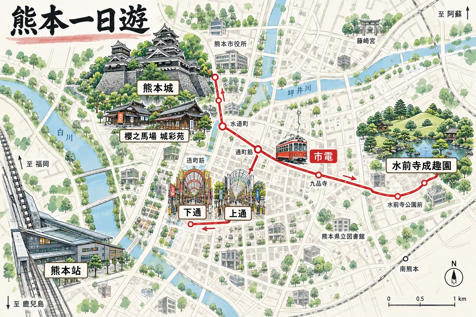 熊本市一日路線：熊本城、水前寺成趣園與市中心街區