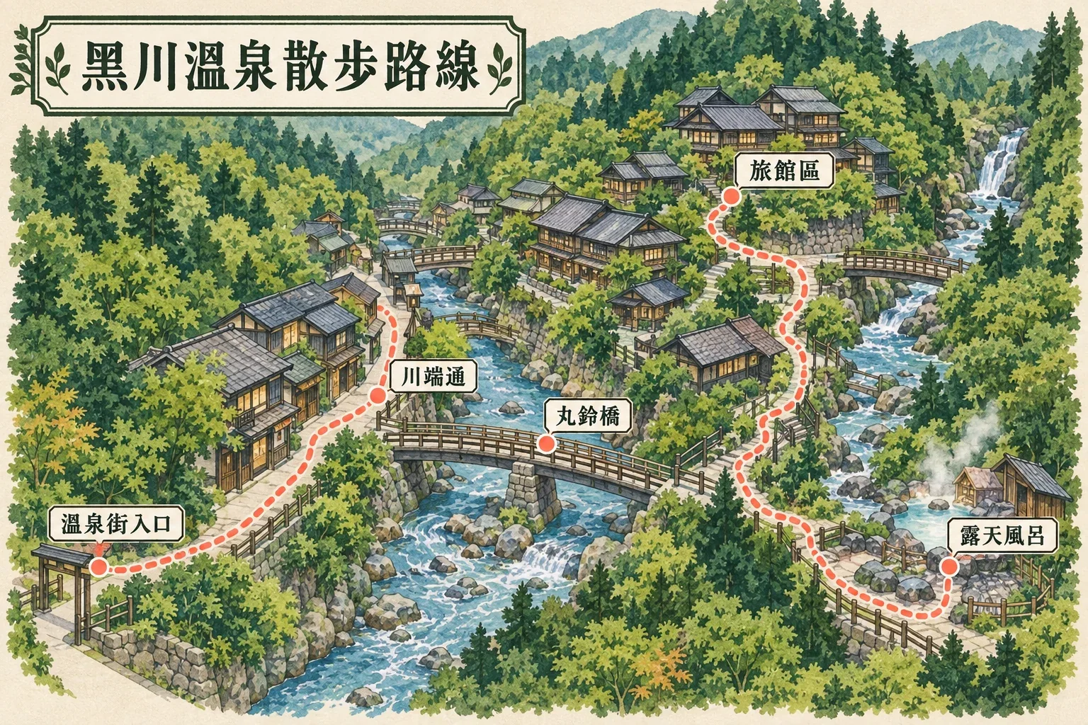 黑川溫泉街區示意圖：溪流兩岸旅館、露天風呂、橋梁與山路交通入口