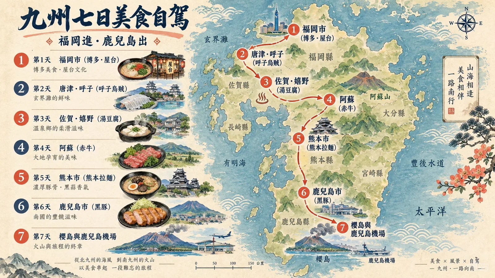 九州七日福岡出發美食自駕路線示意圖:北部海鮮、阿蘇高原與南九州料理區域