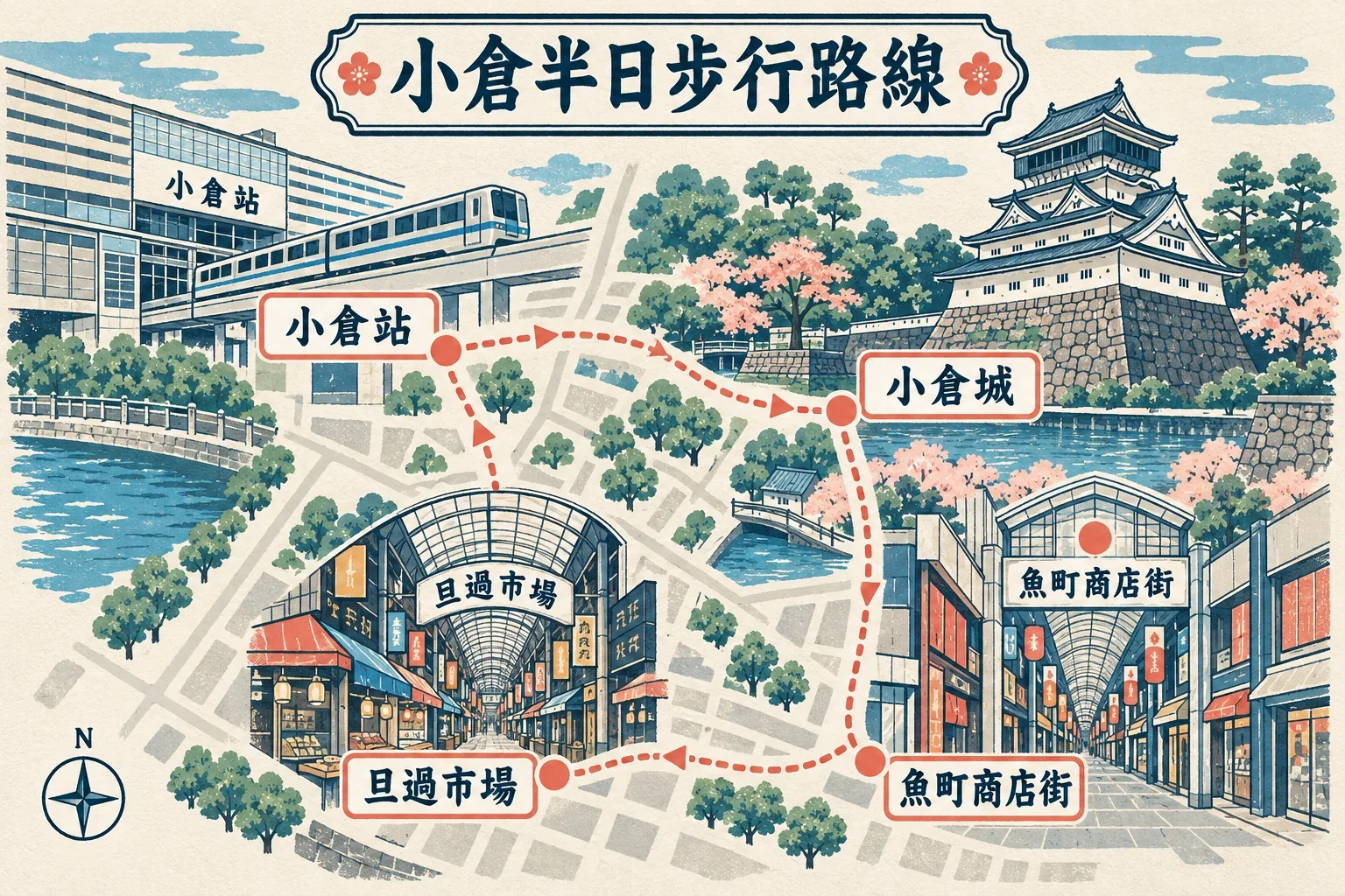 九州七日無車路線示意圖：福岡、長崎、熊本、阿蘇、別府與由布院之間的鐵路和巴士動線