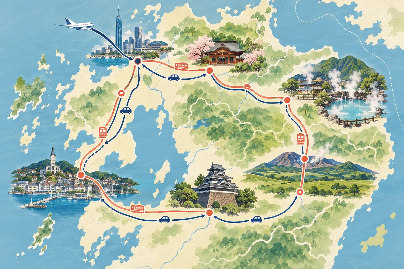九州初次旅行路線示意圖：福岡市、太宰府、由布院、別府、熊本與長崎交通分支