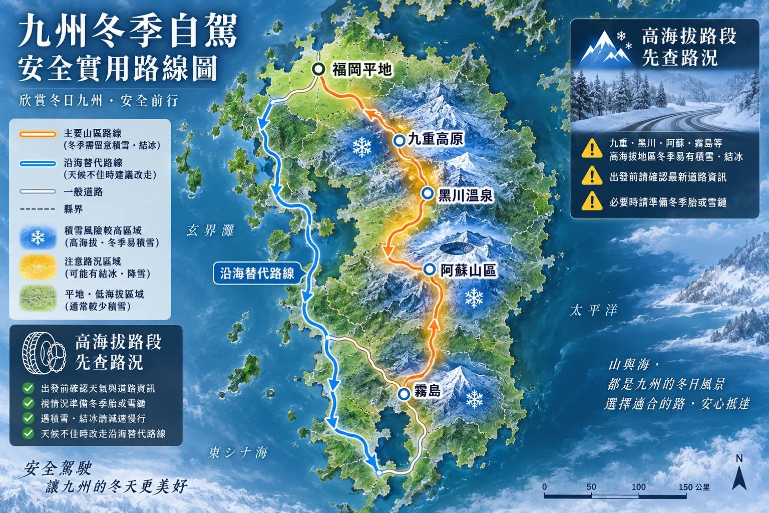 九州冬季自駕路況示意圖：山區積雪路段、輪胎雪鏈提示與沿海替代路線