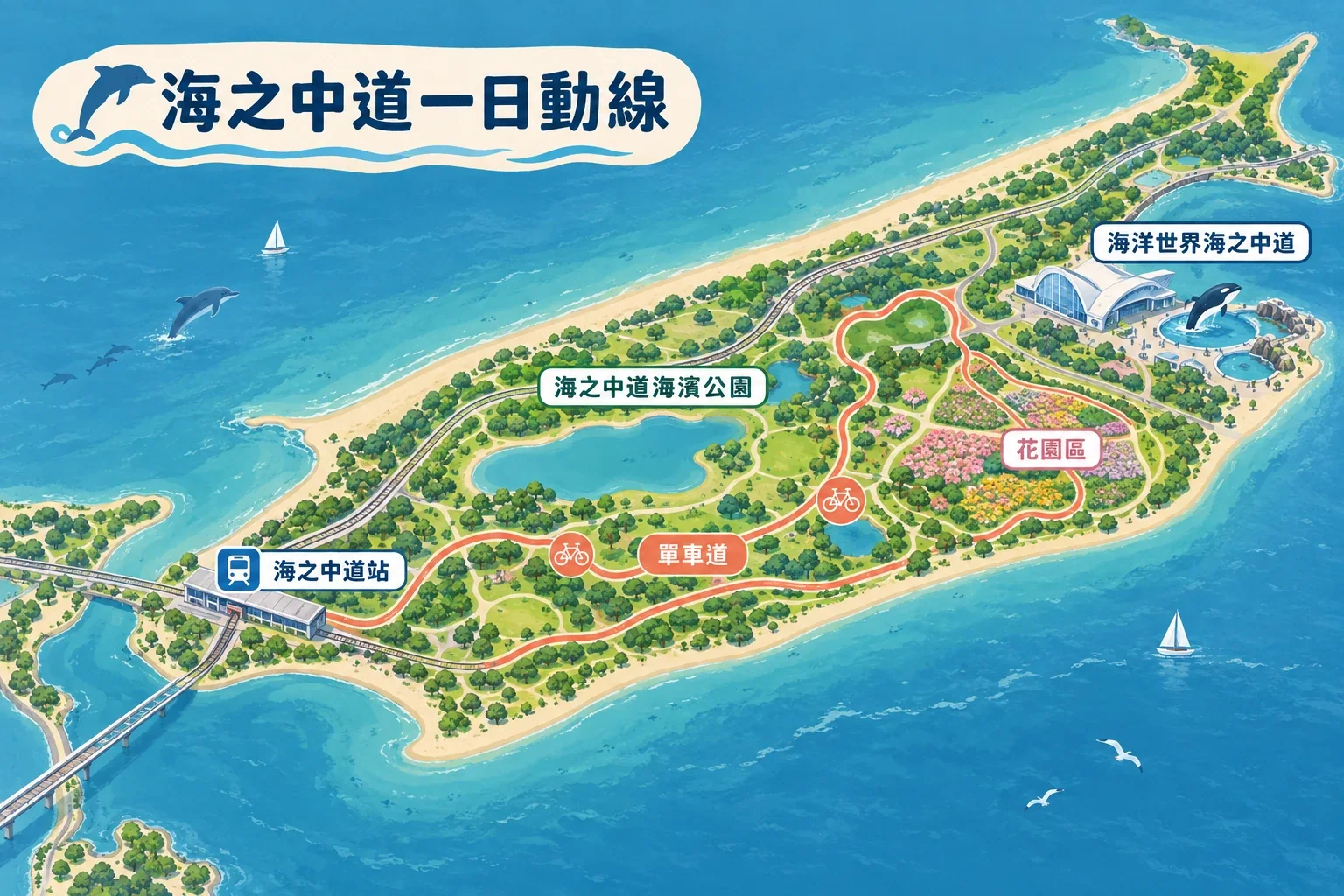 海之中道一日遊園區示意圖：海洋世界、海濱公園單車路線與花園區域