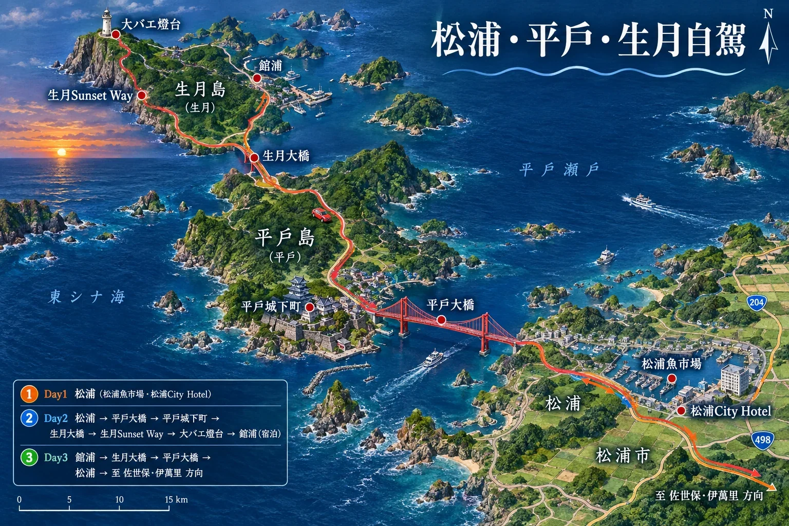 佐世保、平戶、生月島與松浦一帶的自駕路線圖