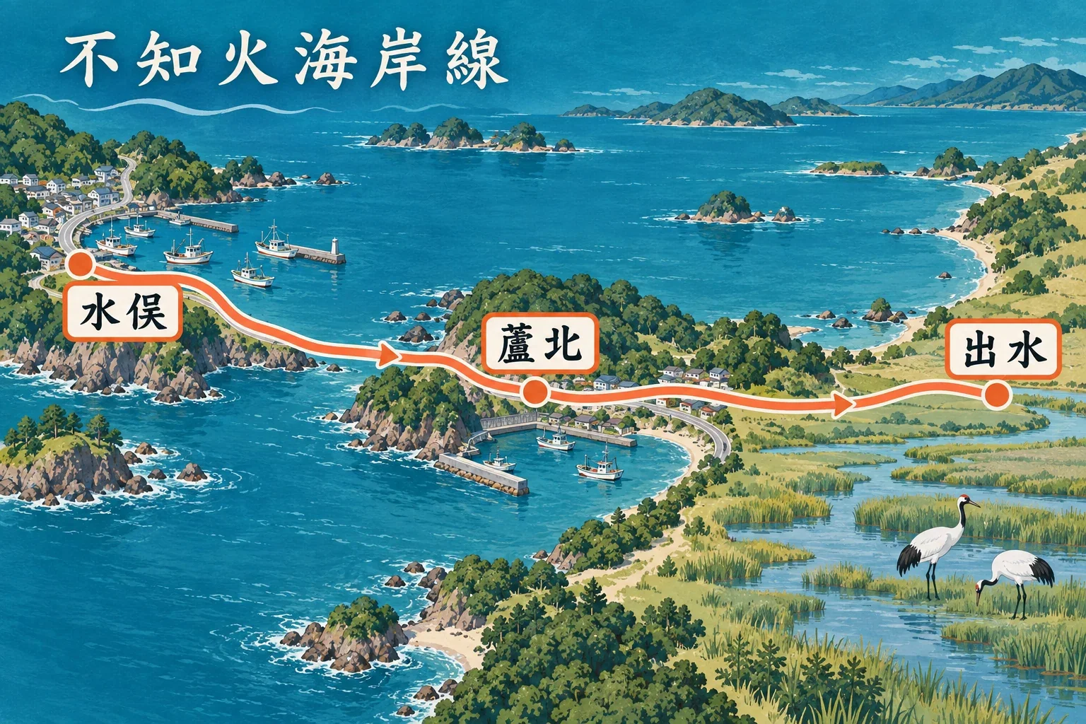 水俣、蘆北與出水自駕路線示意圖：不知火海岸、海灣沙灘與出水鶴田濕地
