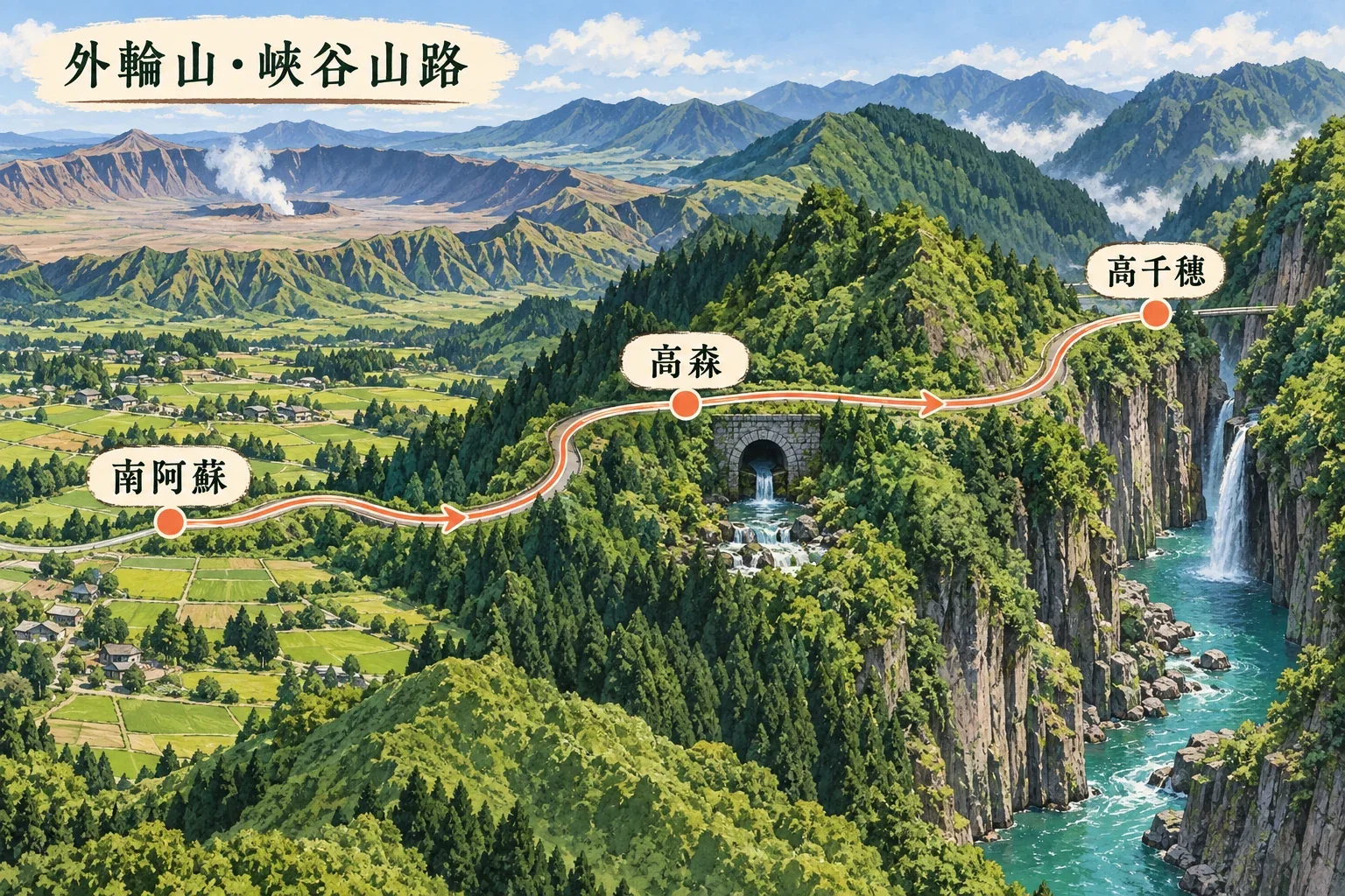 南阿蘇、高森與高千穗自駕路線示意圖：阿蘇外輪山、田園村落與高千穗峽谷