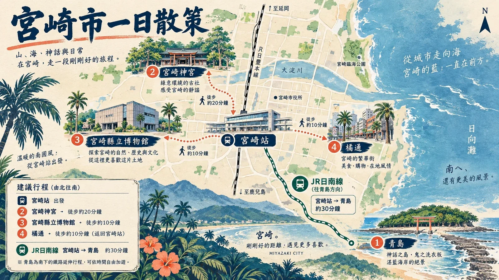 宮崎市一日遊路線圖：宮崎神宮、縣立博物館、市中心橘通與用餐區的無車動線