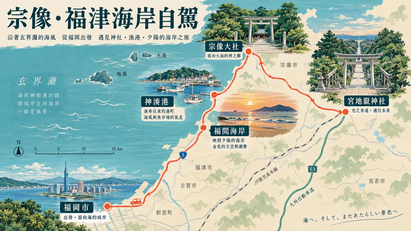 宗像與福津海岸自駕路線示意圖：宗像大社、海岸景點與宮地嶽神社方向
