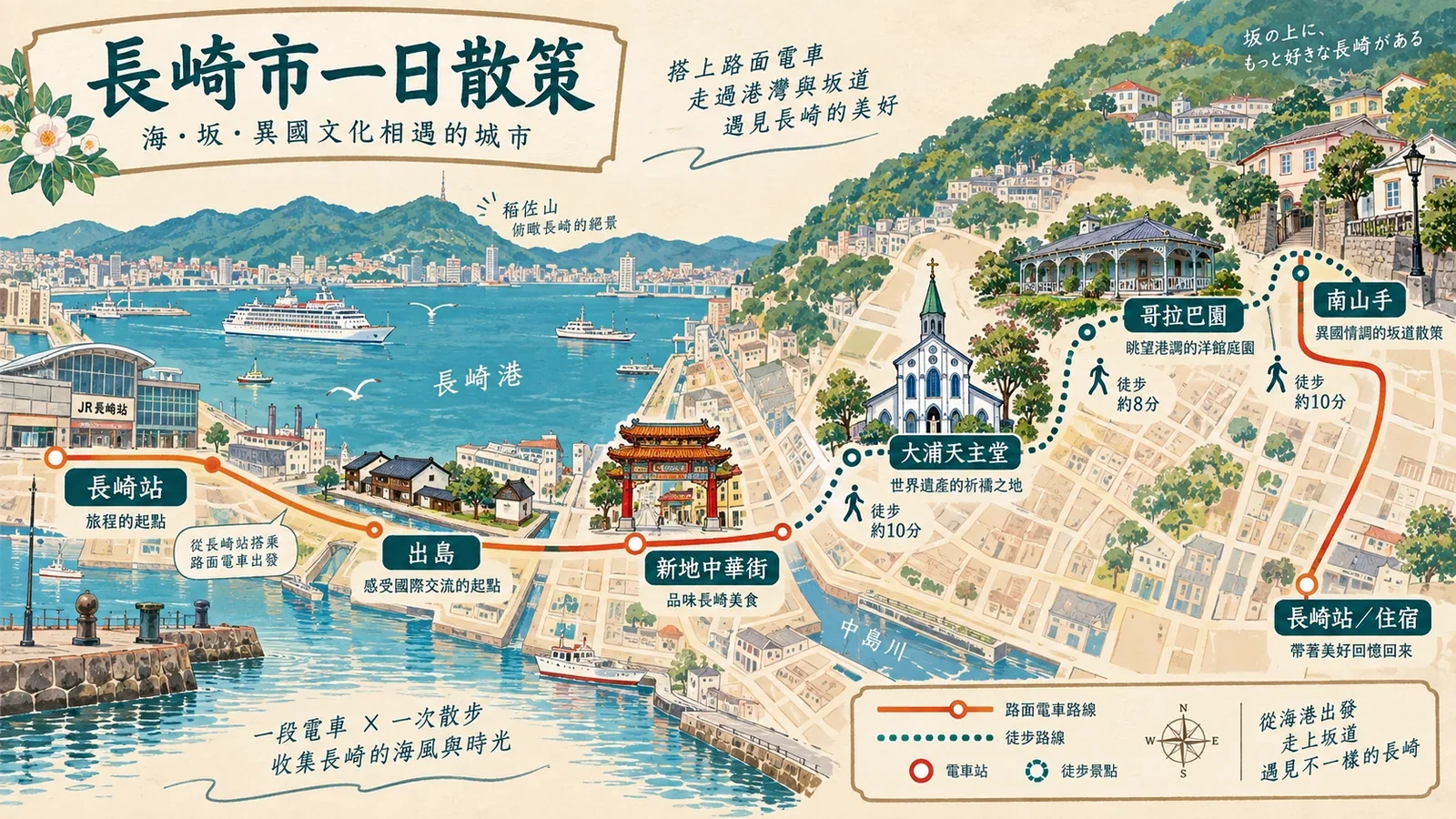 長崎一日步行與市電路線圖：南山手、新地、出島、眼鏡橋及夜景選擇
