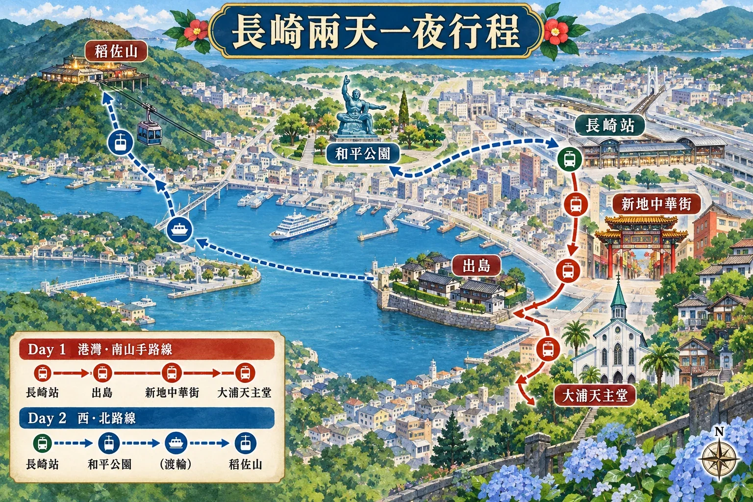 長崎兩天一夜路線示意：港口市區、南山手與稻佐山，第二日可選和平公園或軍艦島