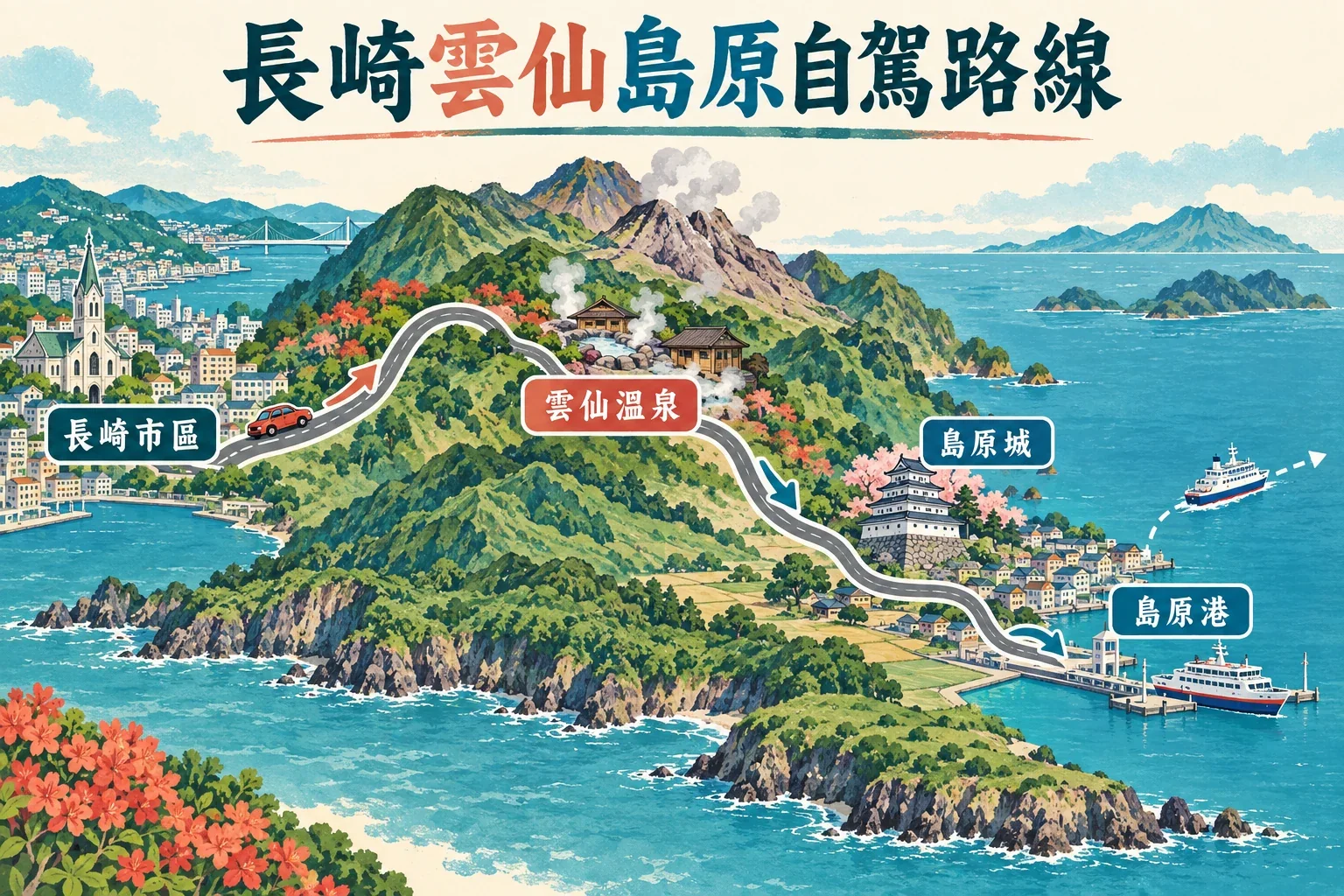 長崎、雲仙與島原自駕路線圖：由長崎市上山住雲仙，再下山往島原城與海港