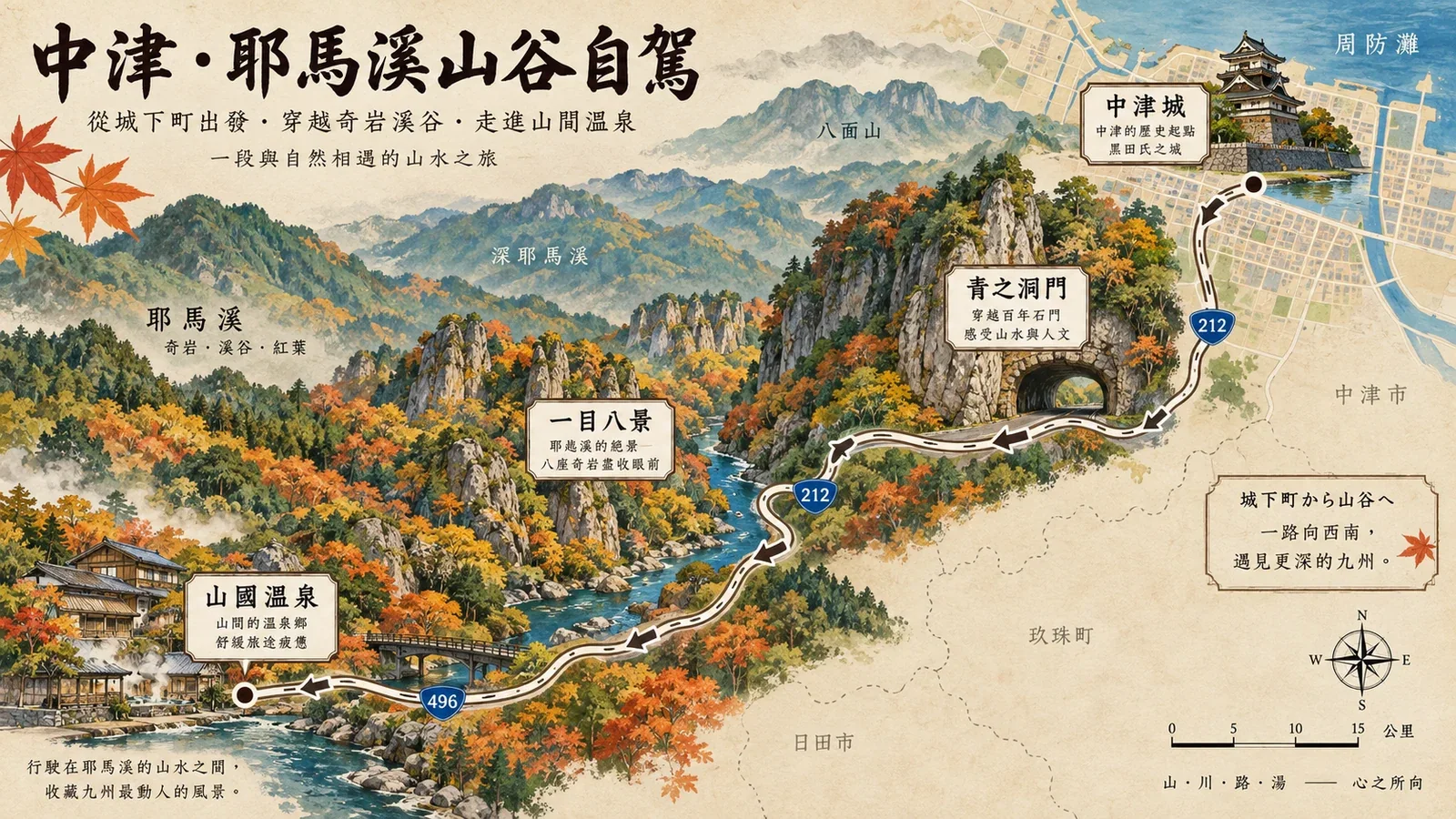 中津耶馬溪自駕路線圖：中津城、青之洞門、一目八景與山國溫泉住宿動線