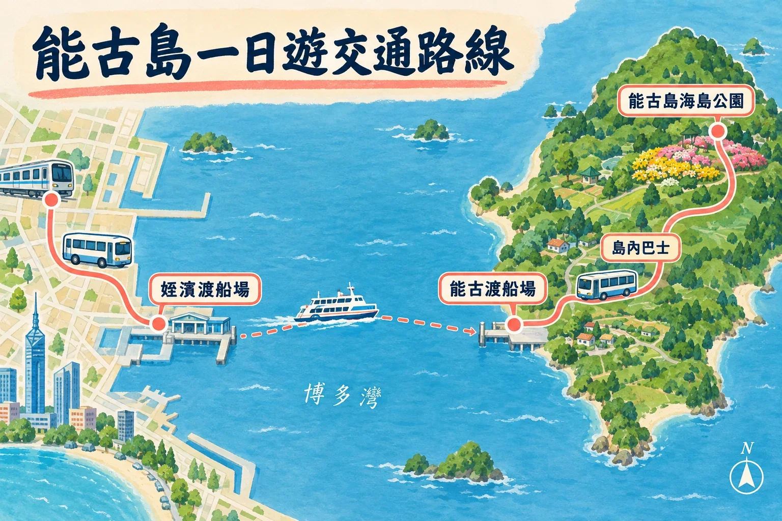 能古島一日遊路線圖：姪濱乘船、渡船口轉接巴士、能古島海島公園與回程船班