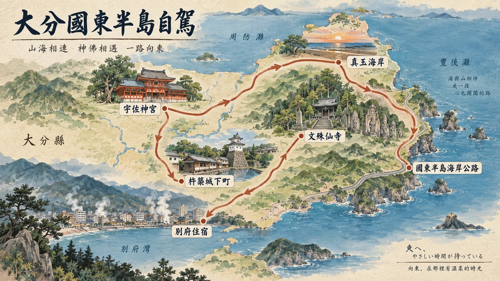 宇佐神宮、國東半島與杵築一帶的自駕路線圖