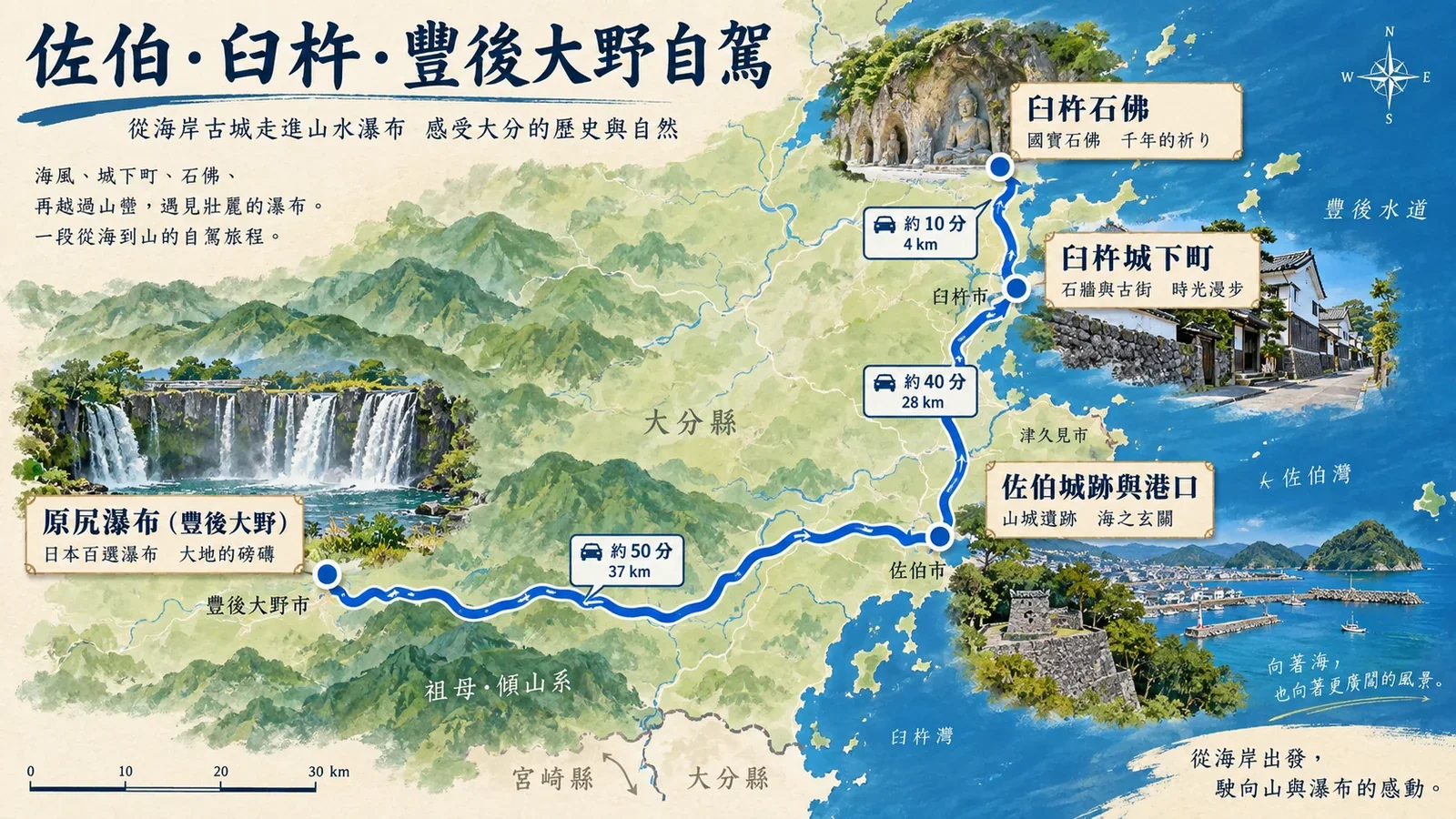 佐伯、臼杵與豐後大野自駕路線示意圖：臼杵石佛、海港城鎮與山谷瀑布