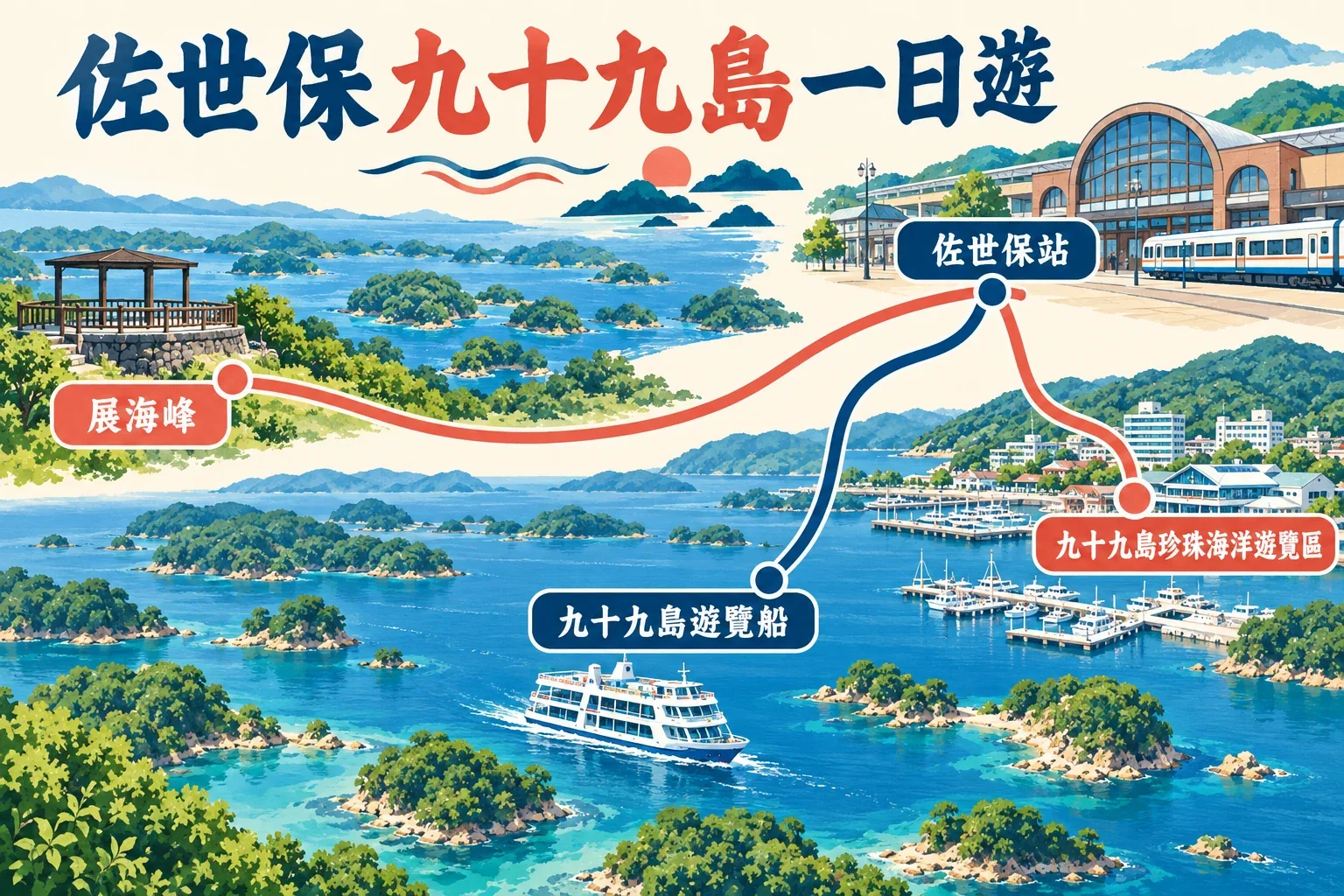 佐世保與九十九島一日遊路線圖:車站往珍珠海洋遊覽區,另以自駕延伸展海峰