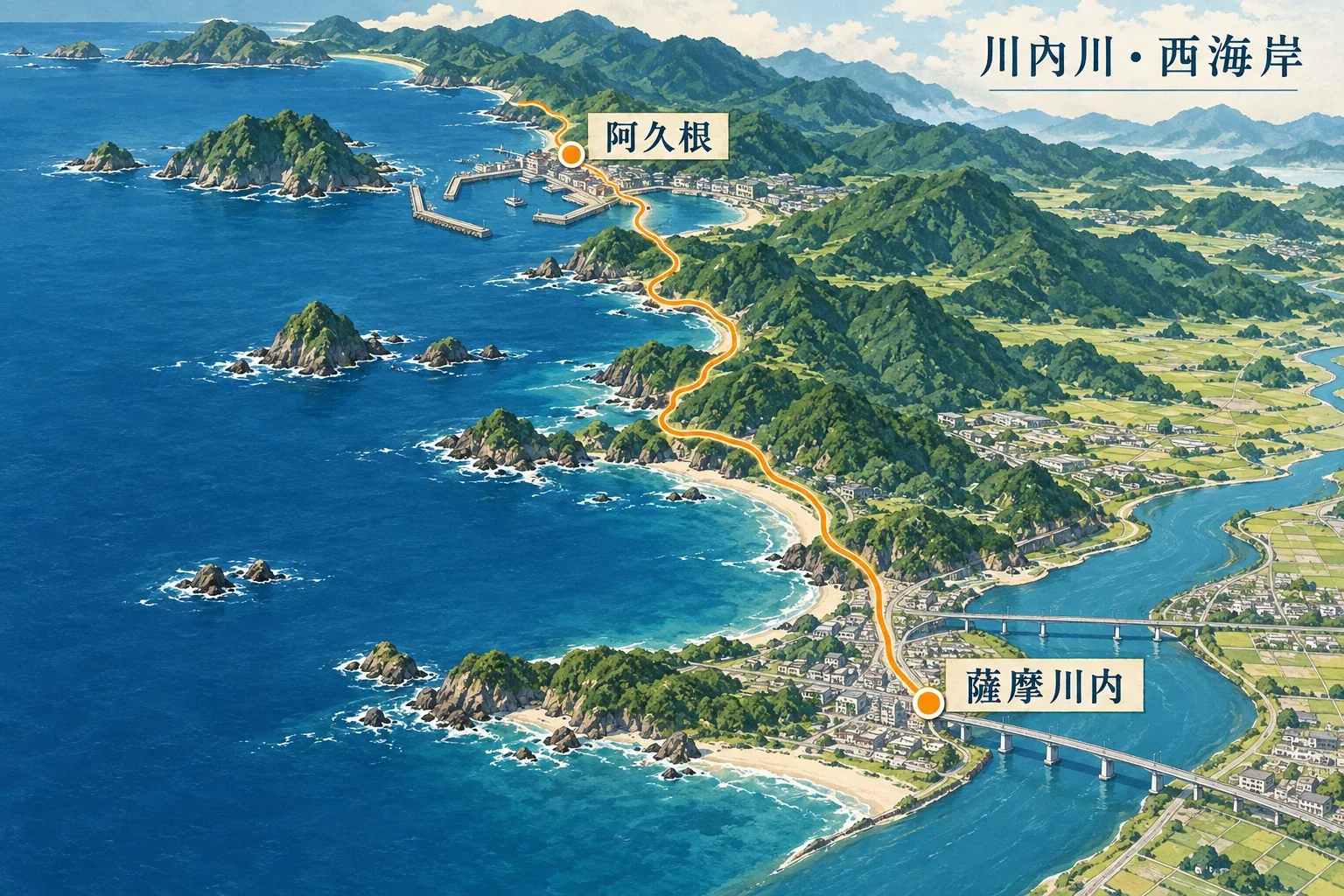 薩摩川內至阿久根自駕路線示意圖：川內川橋、沿海道路與灣岸港口