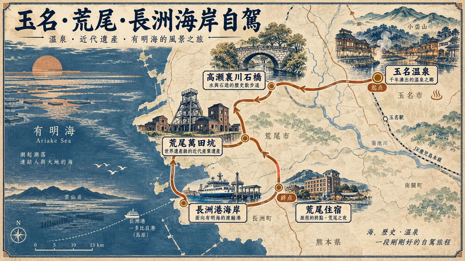 玉名、荒尾與長洲自駕路線示意圖：溫泉街、三池港灣與海岸渡輪區的北部熊本動線