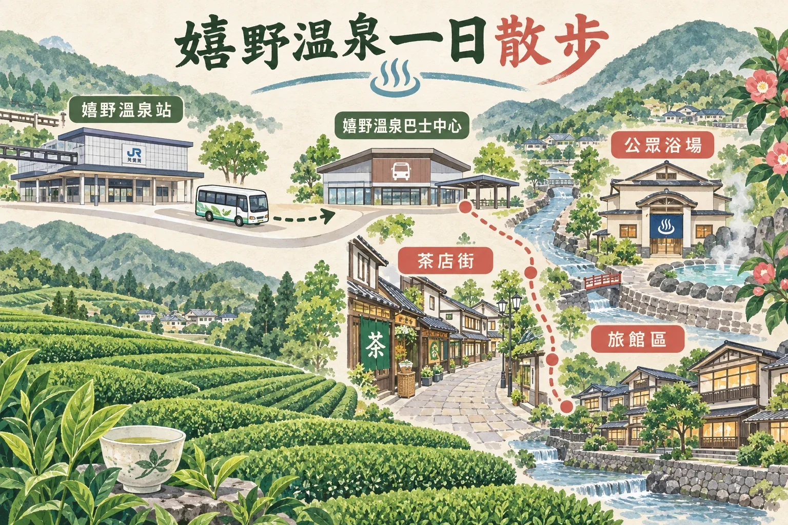 嬉野溫泉一日遊路線圖：嬉野溫泉站、巴士進老街、公共浴場與茶店散步區