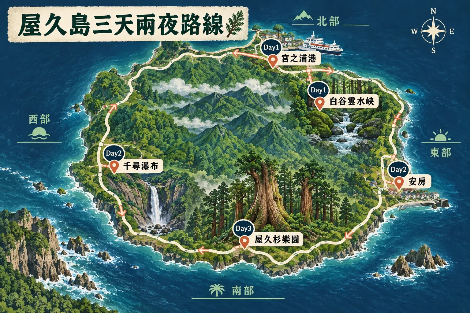 屋久島三天兩夜路線圖：宮之浦港、縄文杉或ヤクスギランド、大川瀑布與回程船班