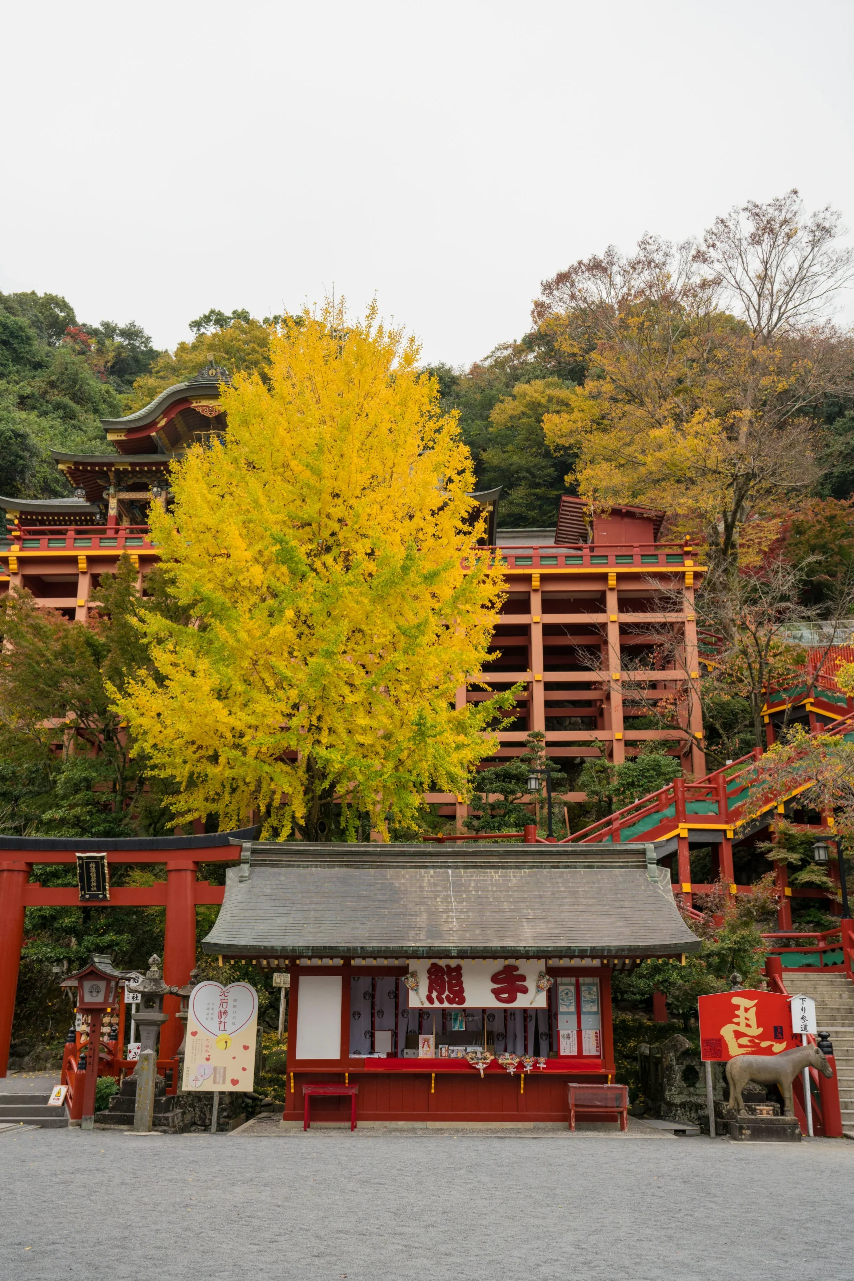 佐賀縣祐德稻荷神社的朱紅建築與秋季樹木